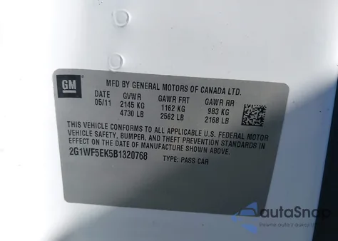 2011 Chevrolet Impala Ls из США, поврежденный, VIN 2G1WF5EK5B1320768